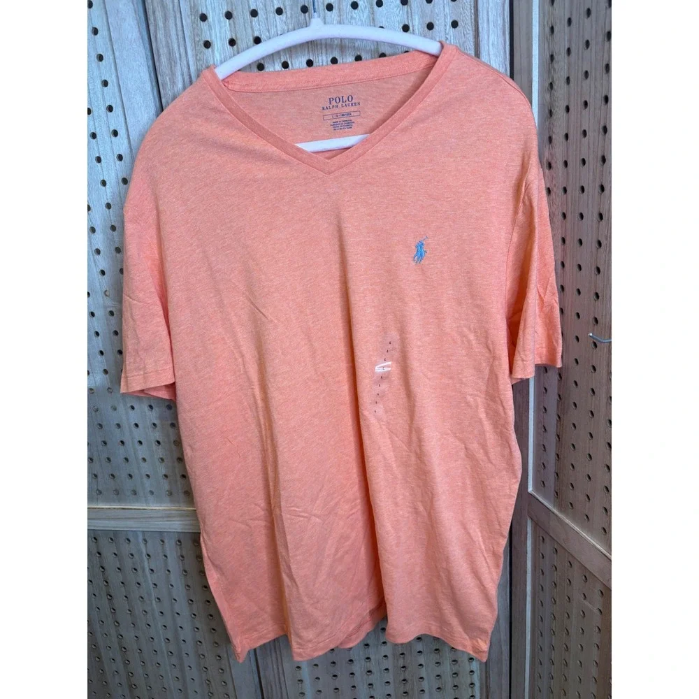 Polo Ralph Lauren Mens V-Neck T-Shirt Orange Heather Blue Pony Logo L NEW